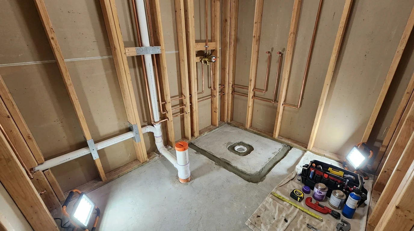 Bathroom rough-in plumbing during remodel by Johns Plumbing LLC in Candia
