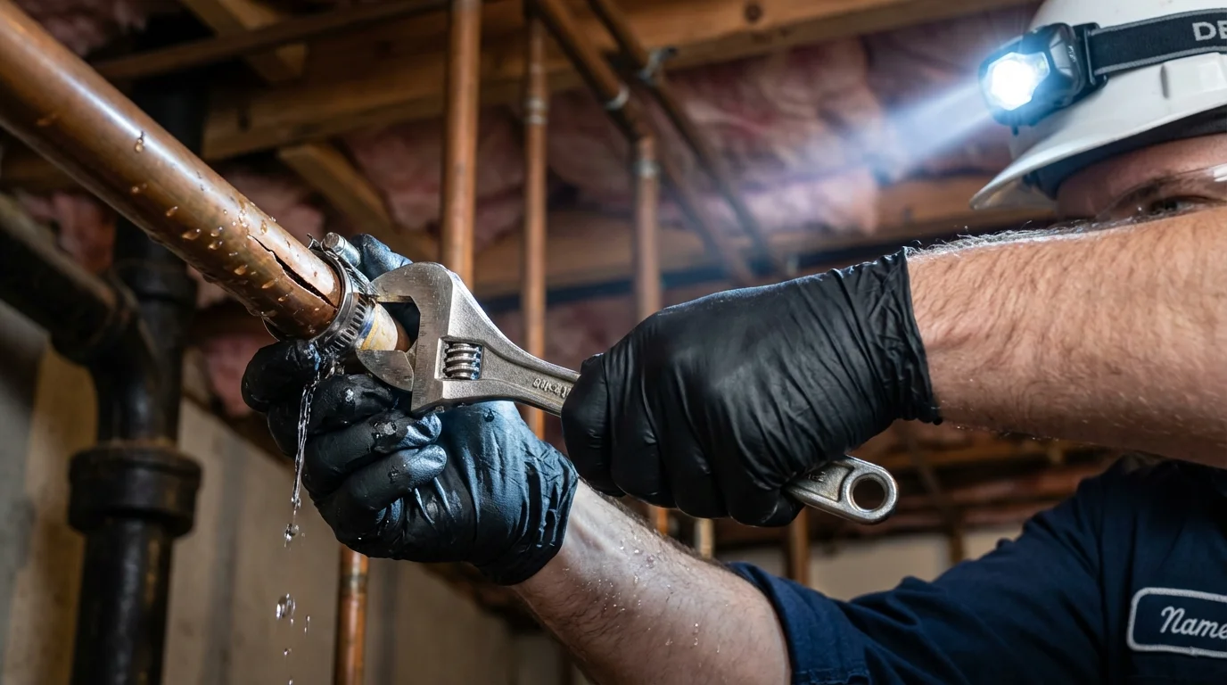 Emergency pipe clamp repair being performed by a Johns Plumbing LLC plumber in Candia