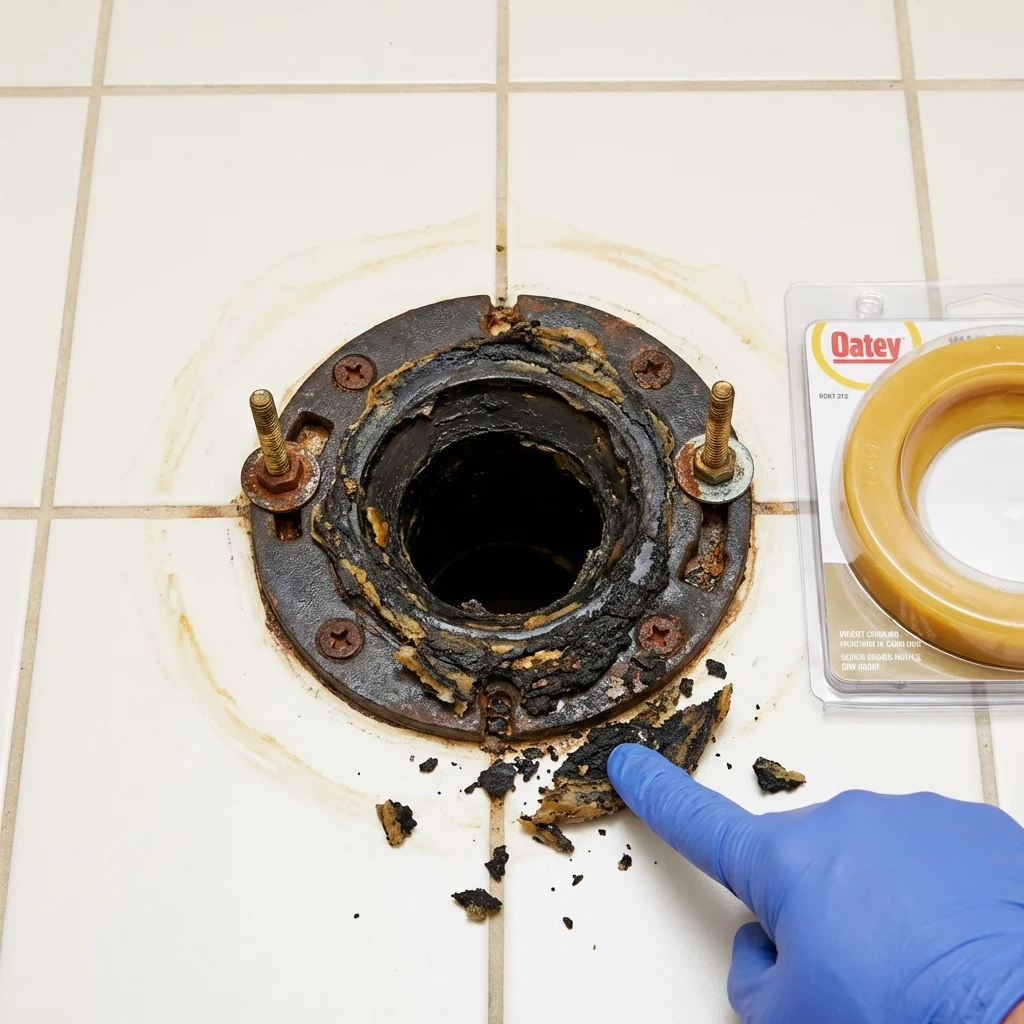 Failed wax ring showing water seepage at the base of a toilet in a Candia, NH home