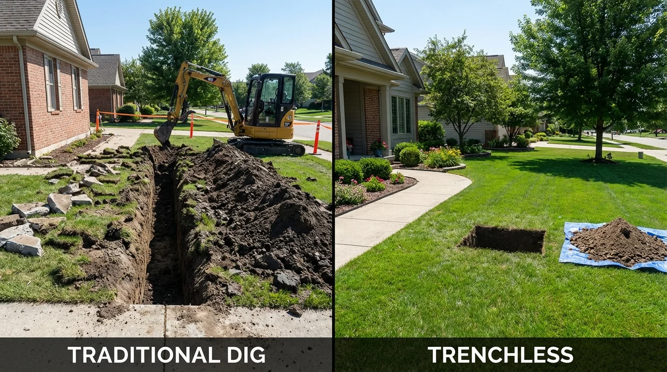 Trenchless sewer repair with minimal yard damage versus traditional excavation in Candia, NH