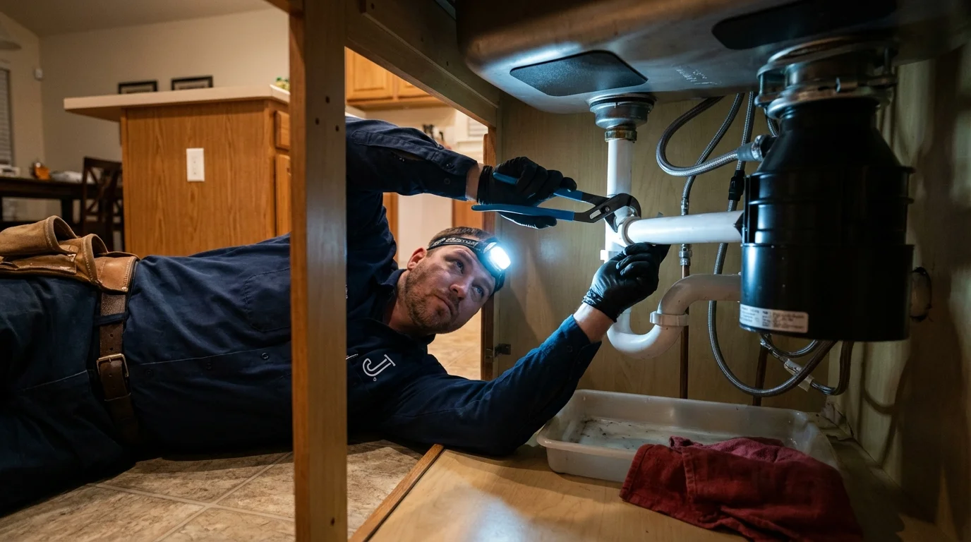 P-trap and supply line connections under a kitchen sink showing a common leak point in Candia, NH